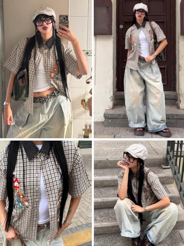 Shirts Plaid Embroidery Short Sleeve Shirt Casual Graphic T-Shirts Men Button Down Tee Tops Oufits