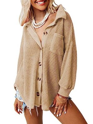 Womens Waffle Knit Shacket Jacket Casual Long Sleeve Button Down Shirts Dressy Blouses Tops