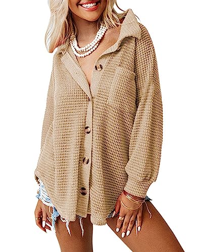 Womens Waffle Knit Shacket Jacket Casual Long Sleeve Button Down Shirts Dressy Blouses Tops