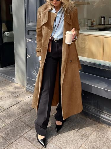 Womens Long Trench Coat Fall Faux Suede Jackets Double Breasted Lapel Pea Coat with Belt