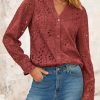 Women's Fall Fashion Long Sleeve Shirts Button Down Dressy Casual Blouses V Neck Eyelet Embroidery Hollow Out Tops