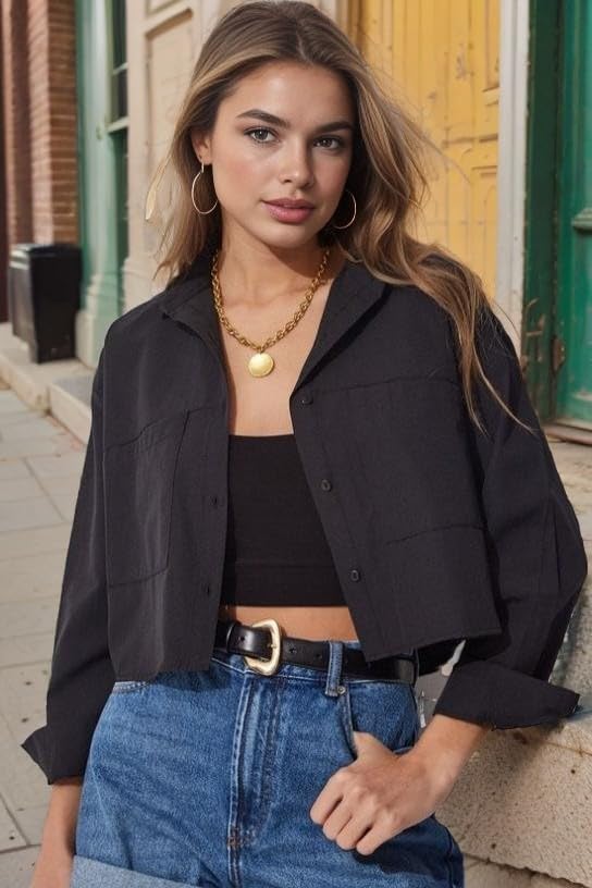 Womens Button Down Cropped Shirts Long Sleeve V Neck Solid Tops Casual Collared Blouse with Chest Pocket XS-XXL