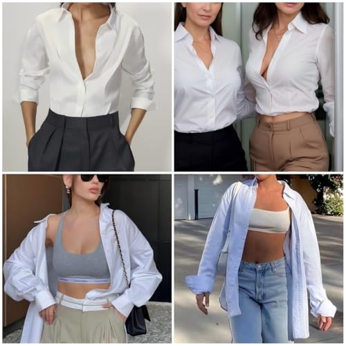 Women's Button Down Shirts Long Sleeve Dress Shirt Slim Fitted Work Tops Collared Dressy Casual Business Blouses