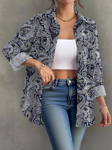 Womens Button Down Shirt Long Sleeve Blouse Business Work Tops Dressy Casual Floral Printed Outfits with Pocket