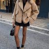 Women's Winter Casual Embroidered Sherpa Jacket Notch Lapel Fuzzy Faux Fur Fleece Jacket Coat