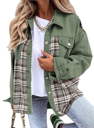 Womens Oversized Denim Jacket Casual Long Sleeve Button Down Plaid Shacket Boyfriend Jean Jacket With Pockets