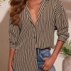 Womens Waffle Knit Button Down Shirt Stripe Long Sleeve Casual Blouses Tops