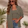Waffle Knit Button Down Shirts for Women Striped Long Sleeve Dressy Casual Tops Oversized Blouses Fall Outfits