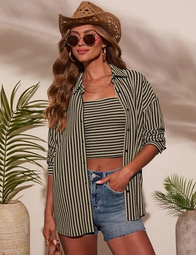 Waffle Knit Button Down Shirts for Women Striped Long Sleeve Dressy Casual Tops Oversized Blouses Fall Outfits