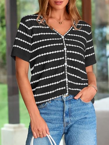 Women's Short Sleeve Sweater Spring Summer Crochet Knit Tops 2025 V Neck Striped Button Down Dressy Casual Blouses
