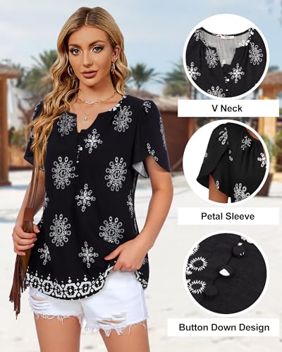 Womens Summer Tops Boho Short Sleeve Business Casual Blouses Button Down Floral Shirts Fashion Beach Vacation Clothes