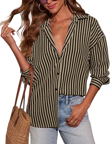 Waffle Knit Button Down Shirts for Women Striped Long Sleeve Dressy Casual Tops Oversized Blouses Fall Outfits