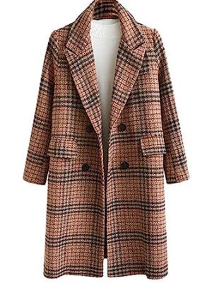 Women's Winter Oversize Lapel Collar Woolen Plaid Double Breasted Long Peacoat Jacket