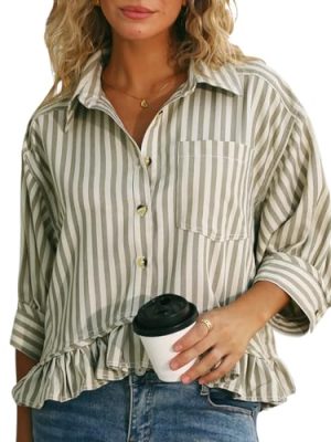 Womens Summer Tops Dressy Casual Blouse Top Ruffled Short Sleeve Button Down Striped Shirt