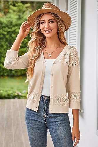 Women's 2025 Cropped Cardigan 3/4 Sleeve Lightweight Crochet Shrug Hollowed-Out Knit Sweater Tops