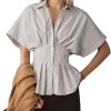 Striped Button Down Shirts for Women Short Sleeve Pleated Corset Blouse Casual Summer Peplum Dressy Tops