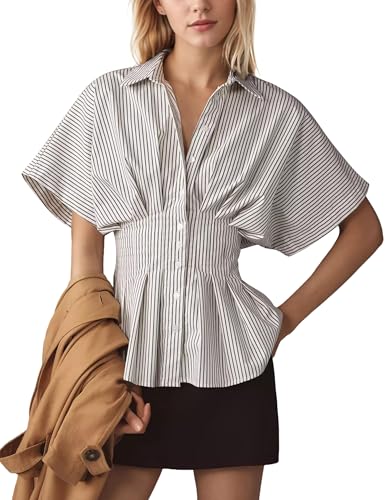 Striped Button Down Shirts for Women Short Sleeve Pleated Corset Blouse Casual Summer Peplum Dressy Tops