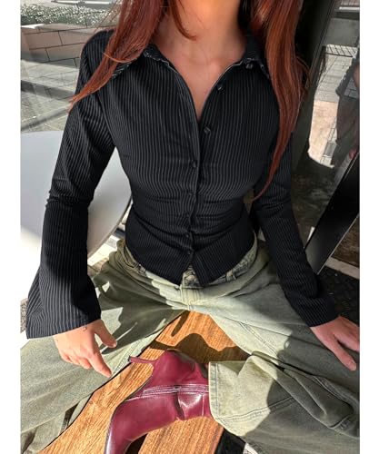 Women Striped Fitted Button Down Shirts Bell Long Sleeve Shirt Office Work Blouse Tops