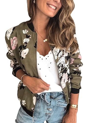 Women's Casual Floral Zip Up Bomber Jacket Coat Lightweight Short Camo No Lining Outwear Tops Windbreaker with Pocket