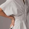 Striped Button Down Shirts for Women Short Sleeve Pleated Corset Blouse Casual Summer Peplum Dressy Tops