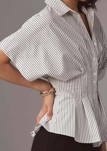 Striped Button Down Shirts for Women Short Sleeve Pleated Corset Blouse Casual Summer Peplum Dressy Tops