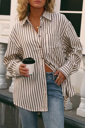 Womens Striped Button Down Shirt Casual Long Sleeve Blouse Top