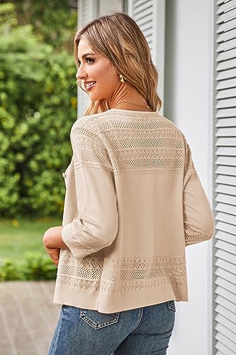 Women's 2025 Cropped Cardigan 3/4 Sleeve Lightweight Crochet Shrug Hollowed-Out Knit Sweater Tops