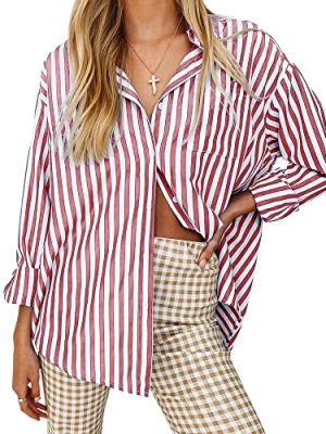 Women's Blouses Striped Long Sleeve Shirts Button Down Loose Fit Casual Tops
