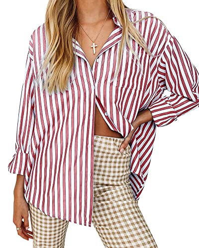 Women's Blouses Striped Long Sleeve Shirts Button Down Loose Fit Casual Tops