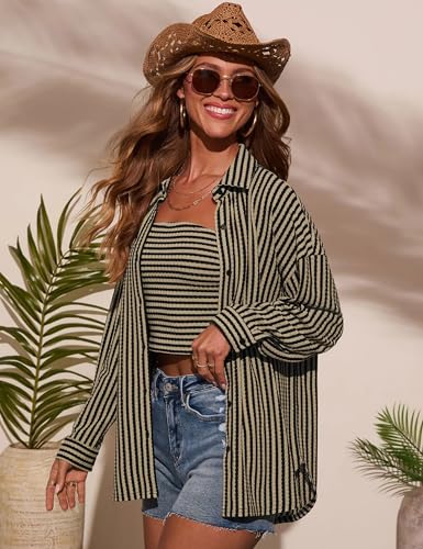 Waffle Knit Button Down Shirts for Women Striped Long Sleeve Dressy Casual Tops Oversized Blouses Fall Outfits