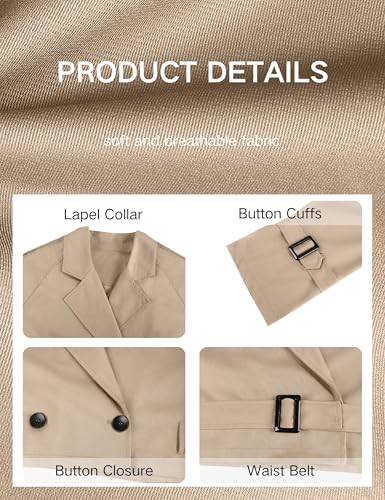 Womens Cropped Bike Jacket Casual Double Breasted Trench Coat with Belt