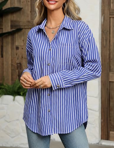 Women's Striped Button Down Shirts Casual Long Sleeve Boyfriend Loose Collared Blouses Tops