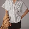 Striped Button Down Shirts for Women Short Sleeve Pleated Corset Blouse Casual Summer Peplum Dressy Tops