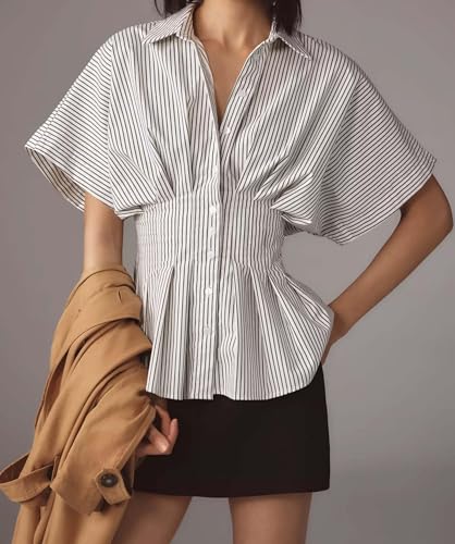 Striped Button Down Shirts for Women Short Sleeve Pleated Corset Blouse Casual Summer Peplum Dressy Tops