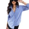 Women's Striped Button Down Shirts Casual Long Sleeve Boyfriend Loose Collared Blouses Tops
