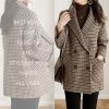 Womens Notched Lapel Pea Coat Double Breasted Blazer Jackets Houndstooth Woolen Blend Overcoat with Pockets