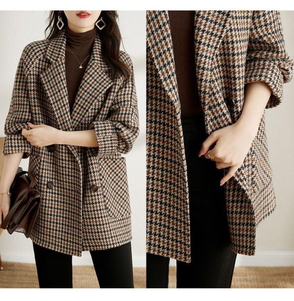 Womens Notched Lapel Pea Coat Double Breasted Blazer Jackets Houndstooth Woolen Blend Overcoat with Pockets